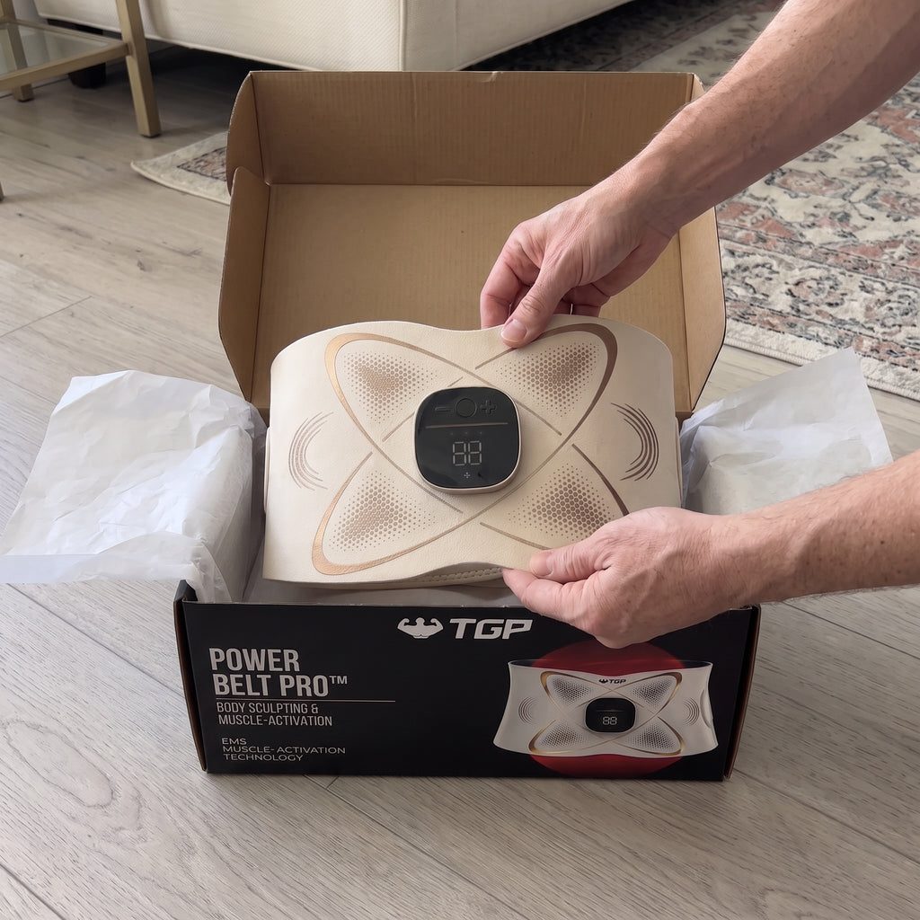 Power Belt Pro and its box being unboxed at home