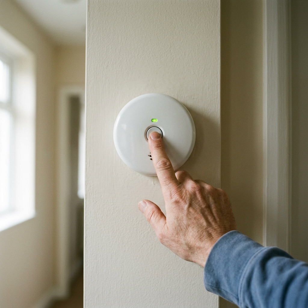 Testing a battery-powered carbon monoxide alarm on a hallway wall