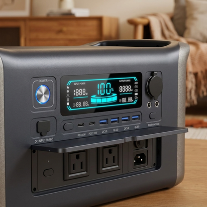 Tactical PowerX front panel close-up: LCD power display, USB-C PD, USB-A quick charge ports and AC outlets