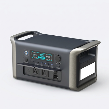 Tactical PowerX portable power station studio view showing display, ports and AC outlets
