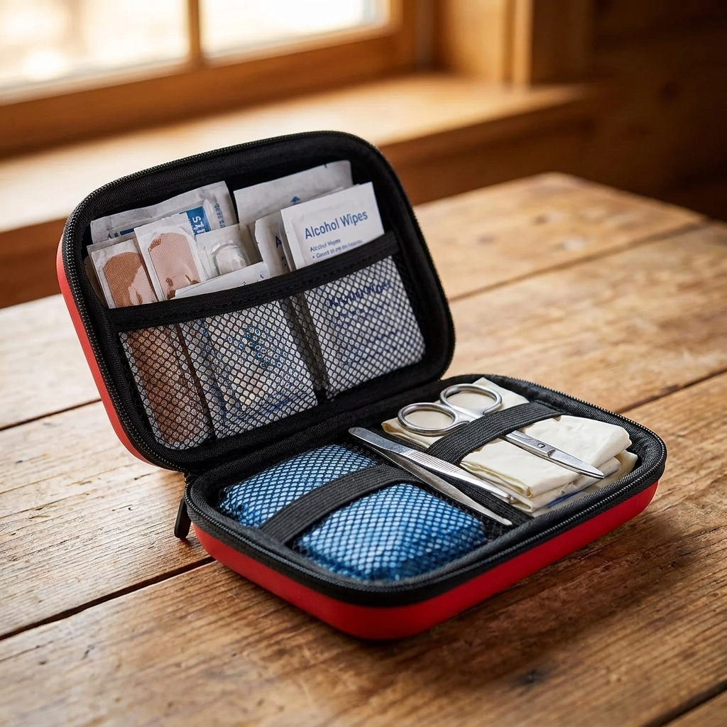 Tactical First Aid Kit opened showing organized mesh compartments with supplies