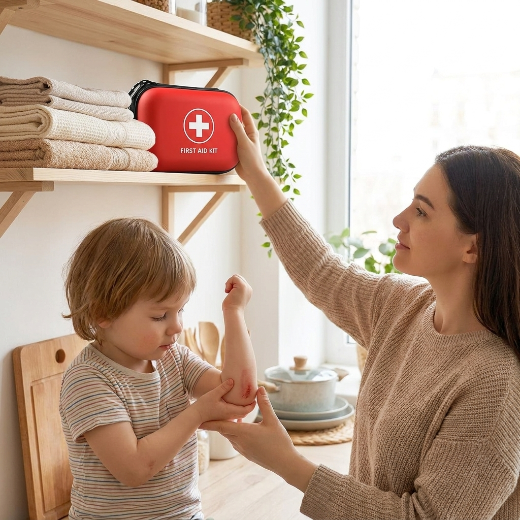 Mother taking the Tactical First Aid Kit from the kitchen shelf to help her child